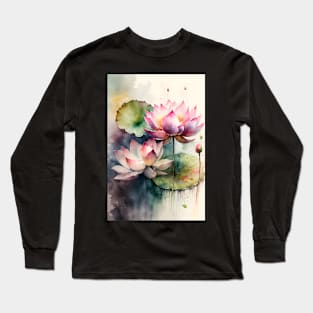 Lotus Watercolor Background Long Sleeve T-Shirt